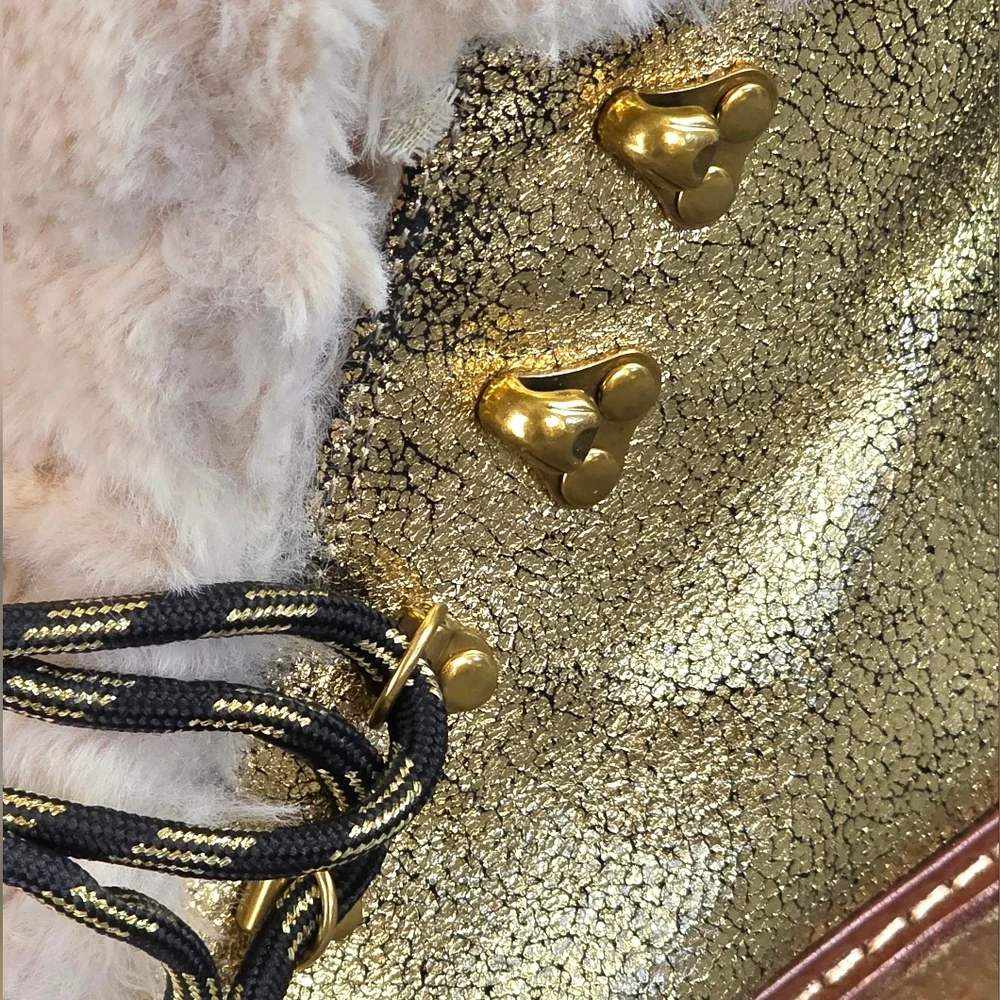 J Crew Gold Metallic Winter Shearling Boots, Wedge Crepe Sole,  Womens Sz 6